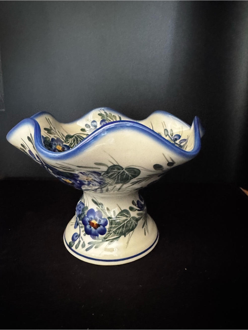 Vintage Polish Pottery Signed Pedestal Bowl Ruffle Edged Floral